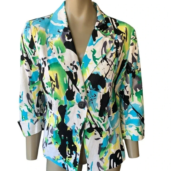 Cato Linen Blend 3/4 Sleeve Buttoned Blazer Fitted Jacket Size 14P Watercolor - Picture 1 of 16